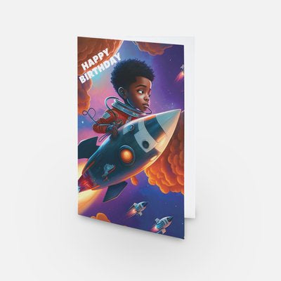 “Blast Off”, Black Birthday Greeting Card