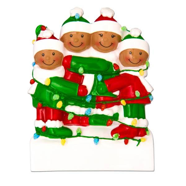 "Snowy Night" Family of Four Black Christmas Ornament